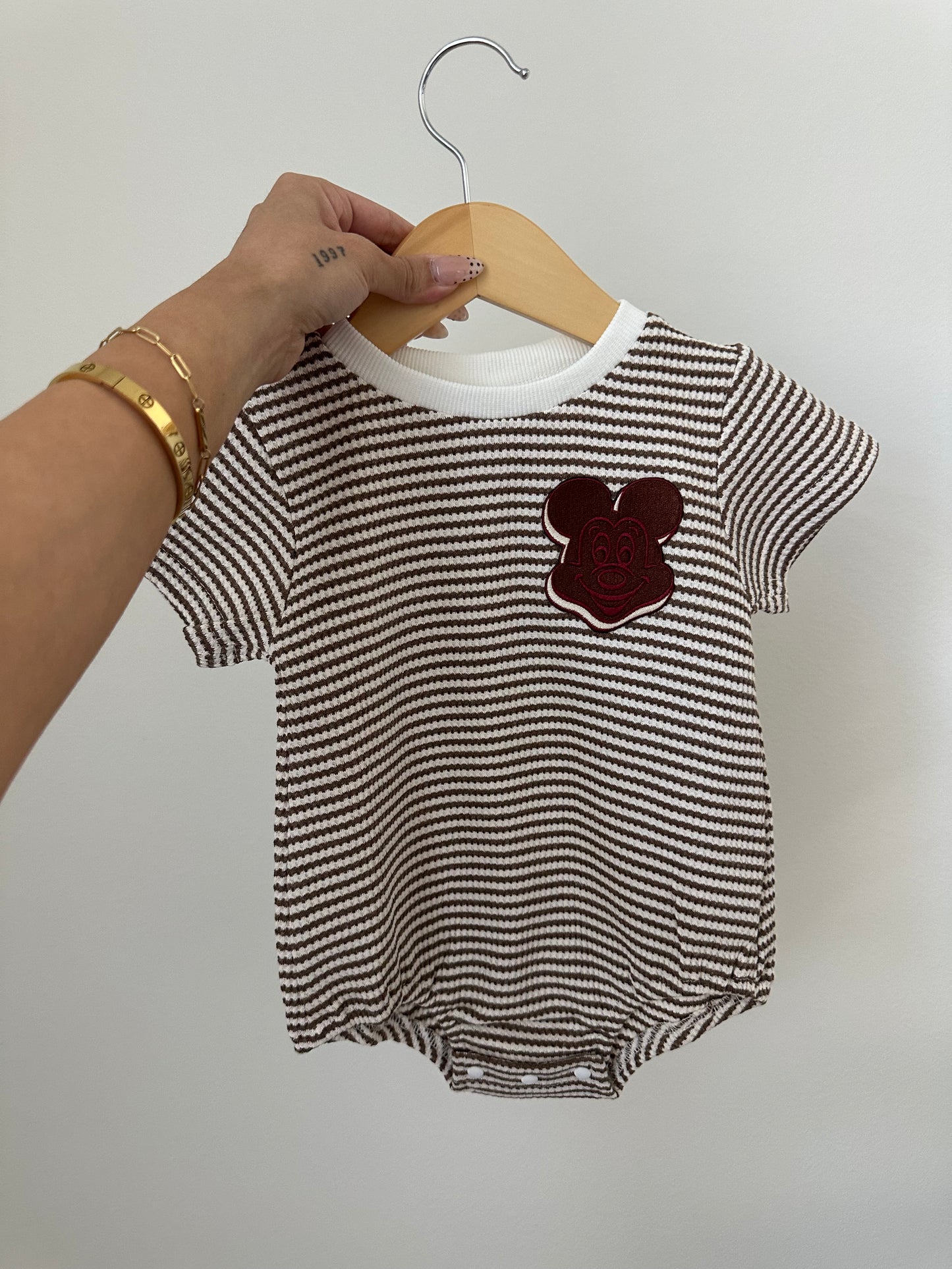 Neutral Striped Romper + Embroidery Patch