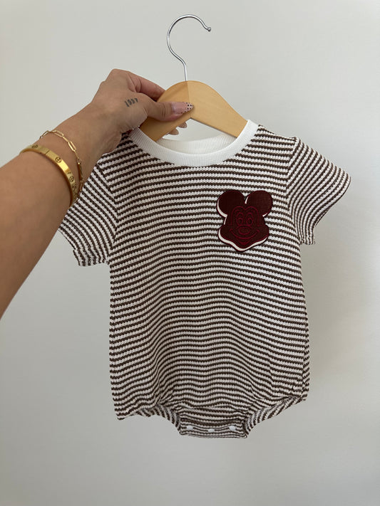 Neutral Striped Romper + Embroidery Patch